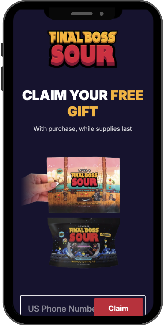 Phone screen displaying an ad for 'Final Boss Sour' snacks. Bold text reads 'Claim Your Free Gift.' Two snack packages shown, one held in a hand. Button labeled 'Claim' at the bottom.