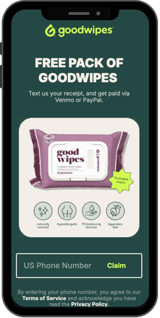 Smartphone display showing a promotional offer for a free pack of Goodwipes. The violet packet is labeled "Rosewater." Instructions include texting a receipt for payment via Venmo or PayPal. Features listed are naturally scented, hypoallergenic, PH balancing, and a legendary feel. Input field for U.S. phone number with a claim button below.