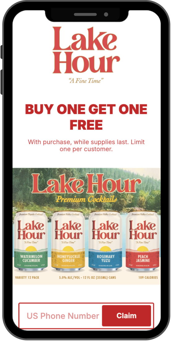 Advertisement on a smartphone for Lake Hour premium cocktails. Bold red text reads 'Buy One Get One Free.' Below, four cans show flavors: Watermelon Cucumber, Honeysuckle Ginger, Rosemary Yuzu, and Peach Jasmine. A button at the bottom says 'Claim.'
