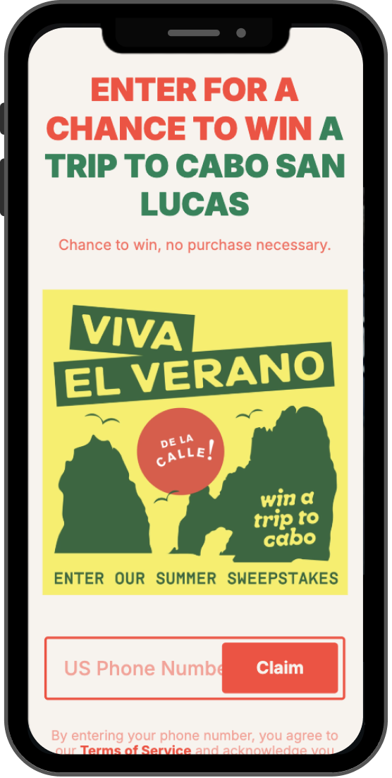 A phone screen displaying a summer sweepstakes entry for a trip to Cabo San Lucas. Bold text reads "Enter for a chance to win" with a yellow graphic and beach silhouette.